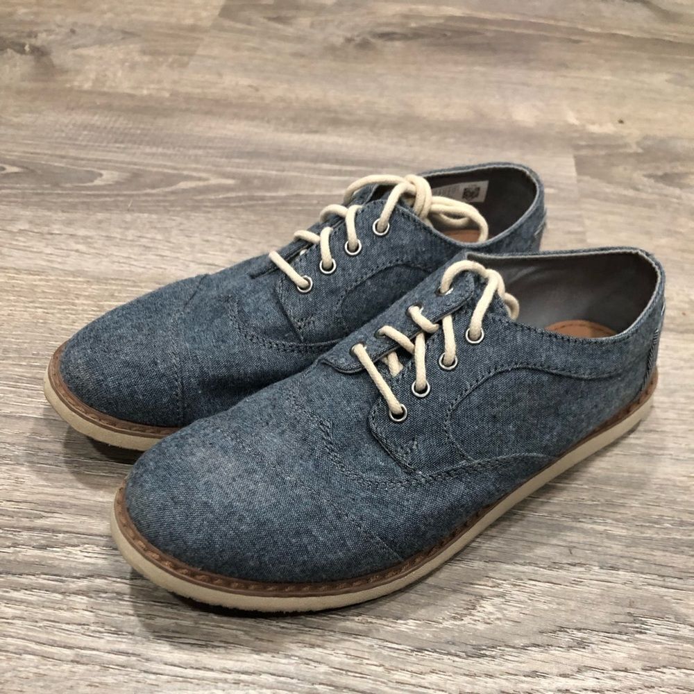 TOMS Brogue Kids Youth Boys Blue Denim Casual Oxford Dress Shoes Size 4Y